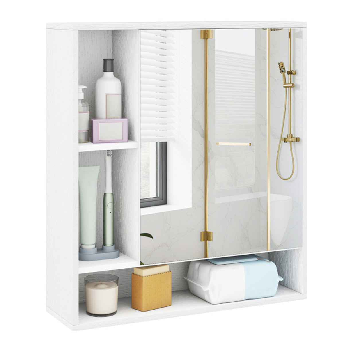 AEELLEEA Bathroom Mirror Cabinet 21.5"×6.5"×24", Wall Mount Medicine Cabinet with Open Storage Shelves, Shatterproof Mirror, 176 lbs Load Capacity
