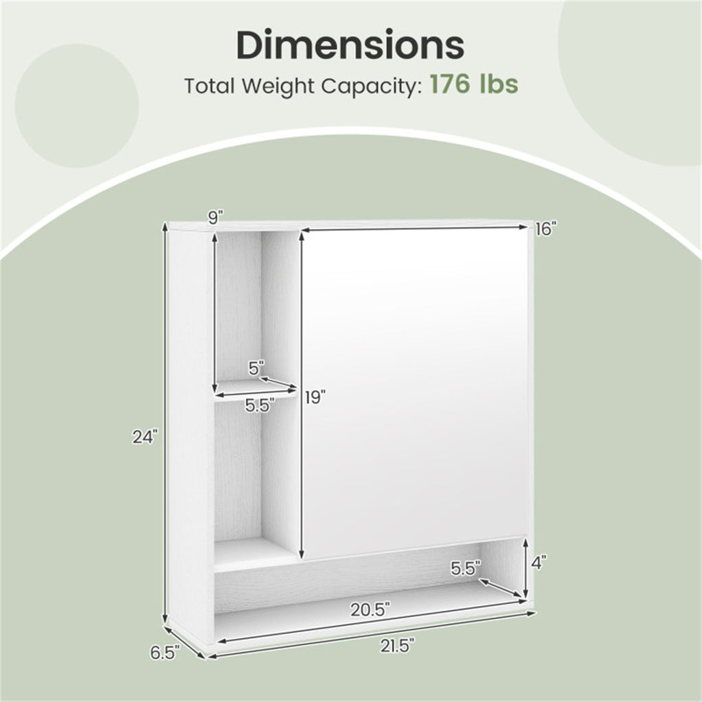 AEELLEEA Bathroom Mirror Cabinet 21.5"×6.5"×24", Wall Mount Medicine Cabinet with Open Storage Shelves, Shatterproof Mirror, 176 lbs Load Capacity