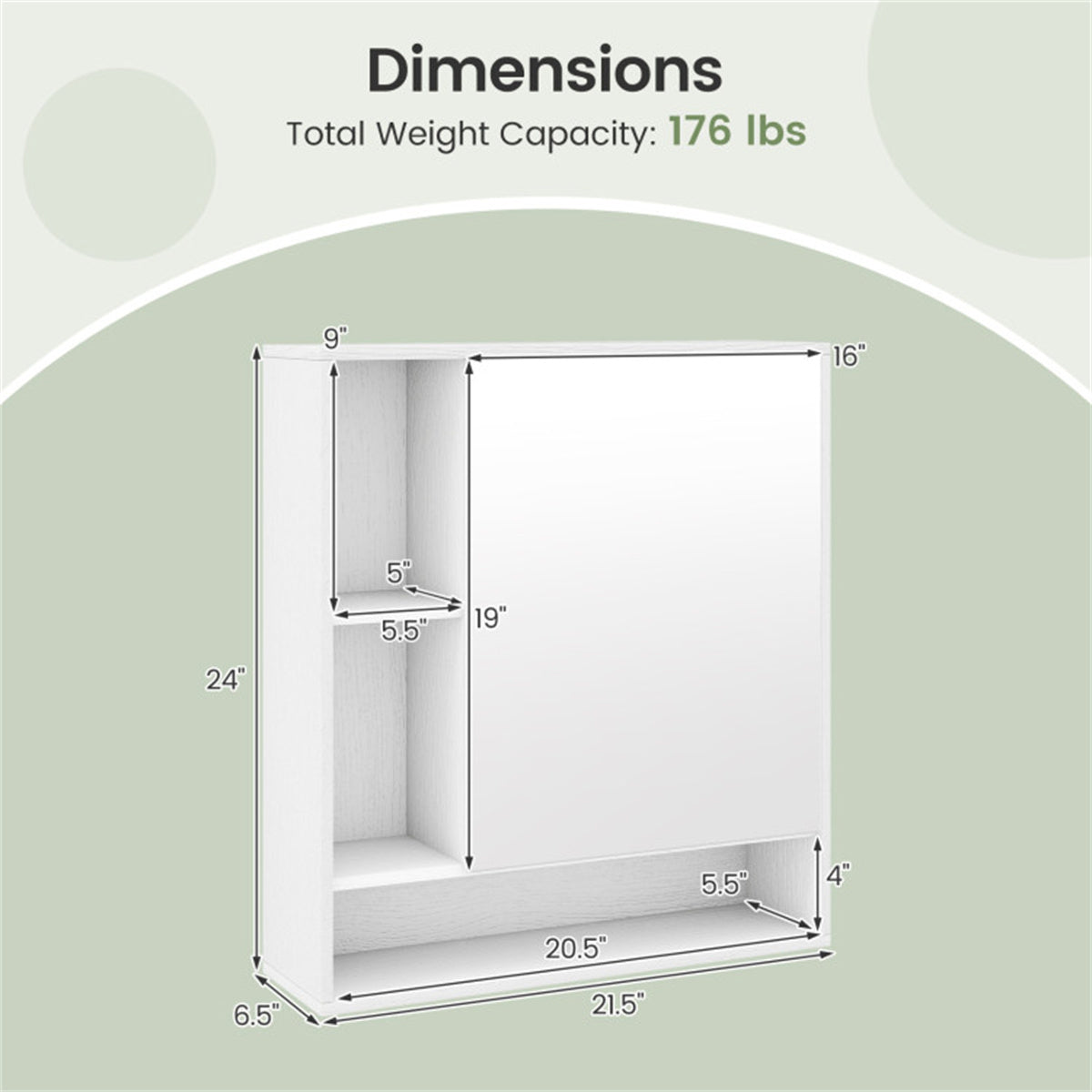 AEELLEEA Bathroom Mirror Cabinet 21.5"×6.5"×24", Wall Mount Medicine Cabinet with Open Storage Shelves, Shatterproof Mirror, 176 lbs Load Capacity