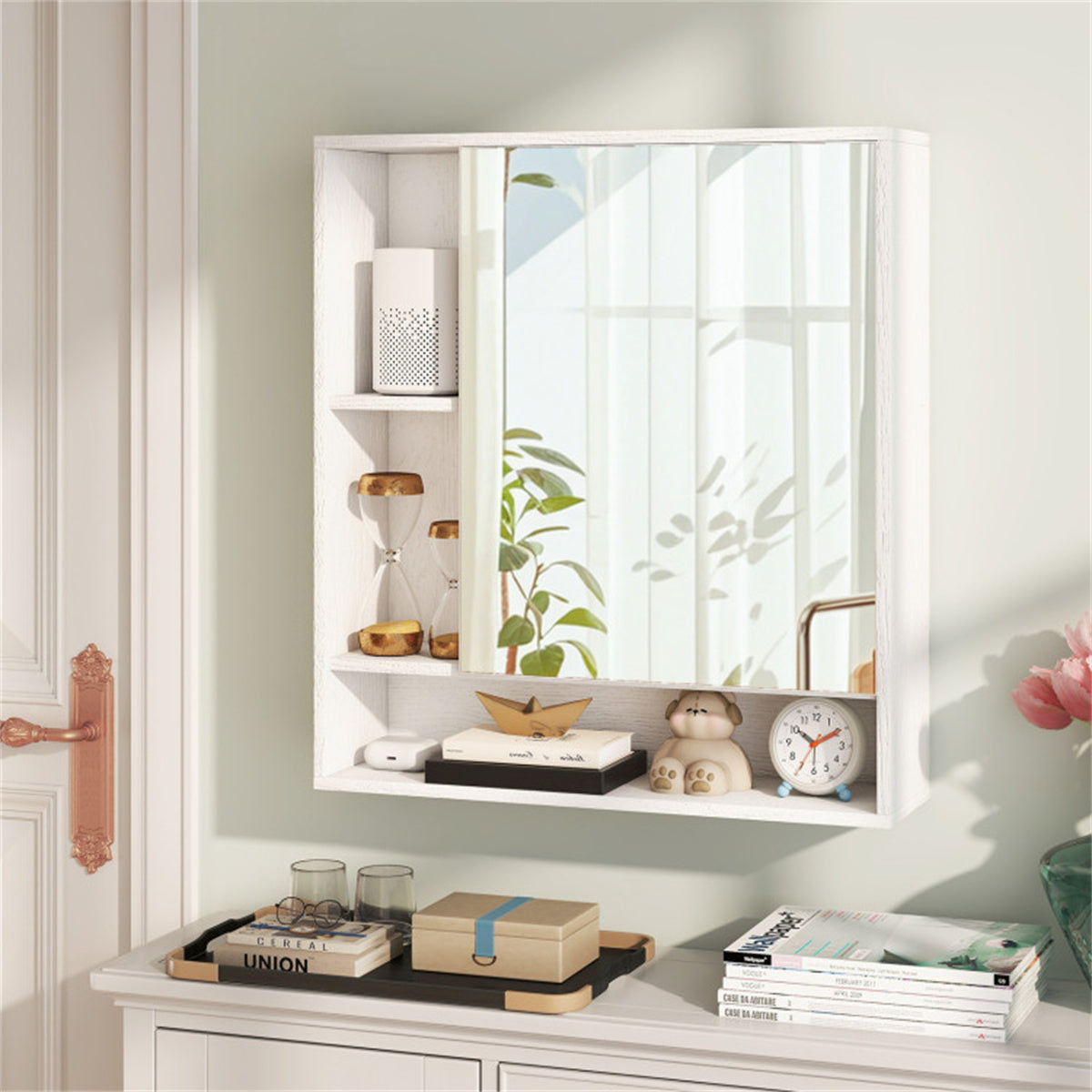 AEELLEEA Bathroom Mirror Cabinet 21.5"×6.5"×24", Wall Mount Medicine Cabinet with Open Storage Shelves, Shatterproof Mirror, 176 lbs Load Capacity