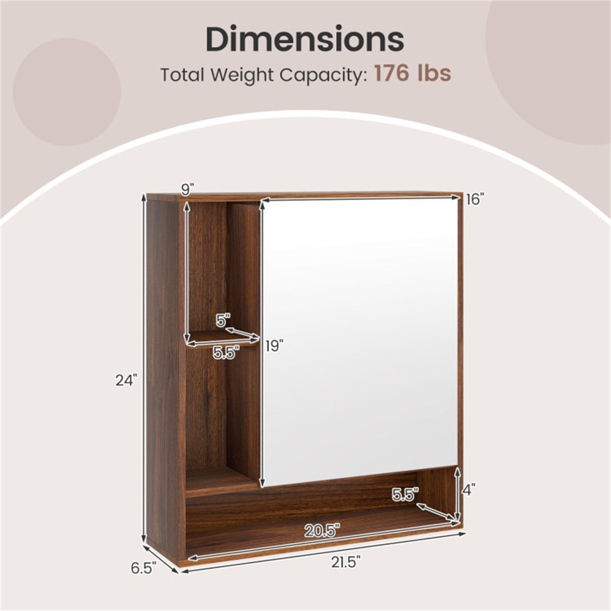 AEELLEEA Walnut 2-in-1 Mirrored Bathroom Wall Cabinet, Adjustable Shelf Medicine Cabinet with Open Storage, Shatterproof Mirror for Bathroom