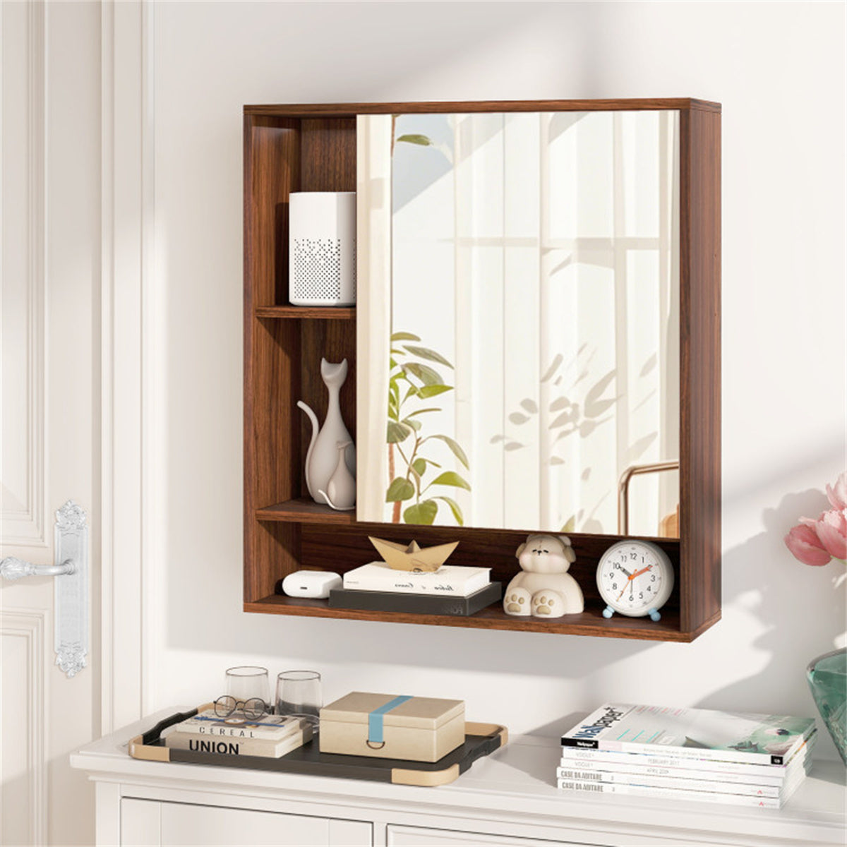 AEELLEEA Walnut 2-in-1 Mirrored Bathroom Wall Cabinet, Adjustable Shelf Medicine Cabinet with Open Storage, Shatterproof Mirror for Bathroom