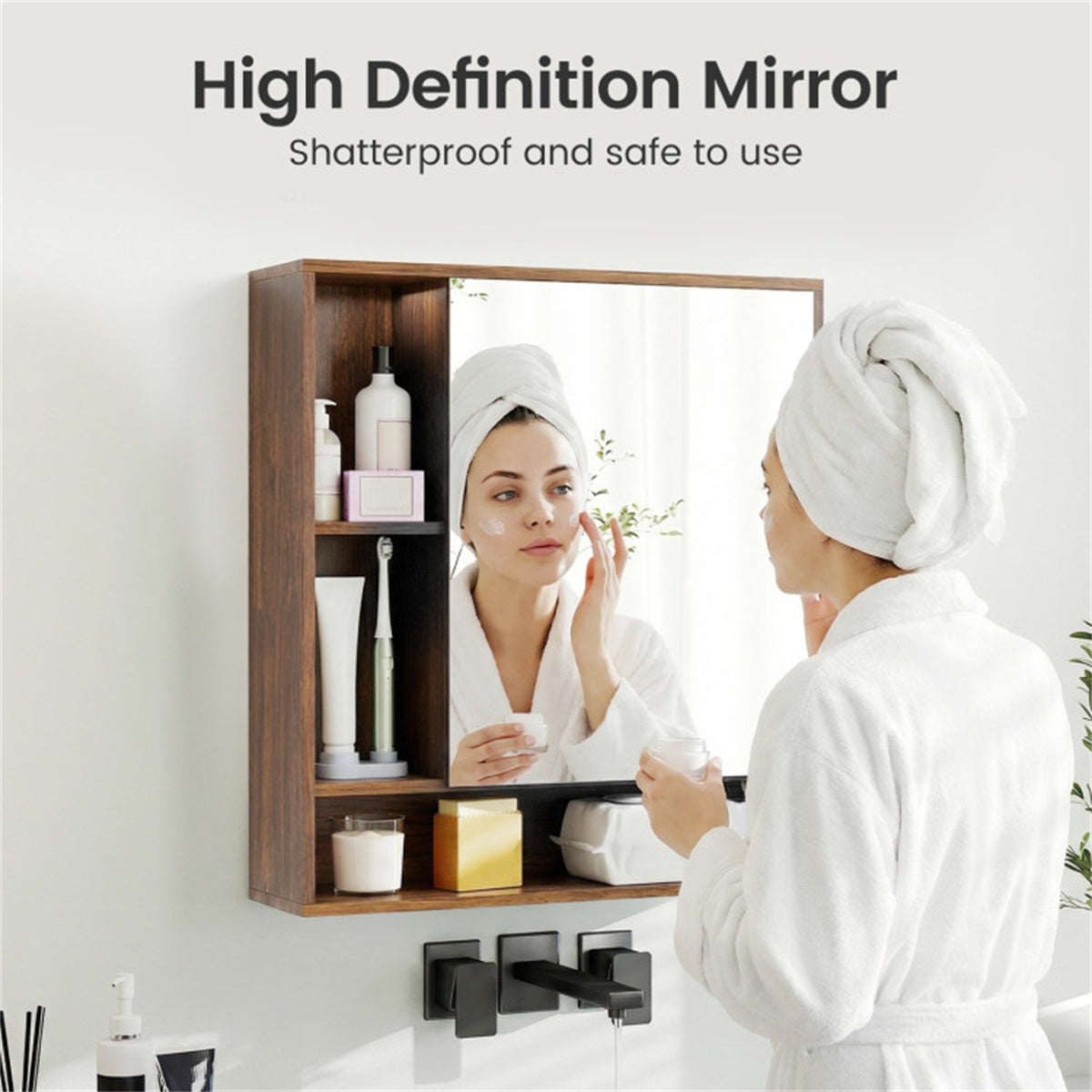 AEELLEEA Walnut 2-in-1 Mirrored Bathroom Wall Cabinet, Adjustable Shelf Medicine Cabinet with Open Storage, Shatterproof Mirror for Bathroom