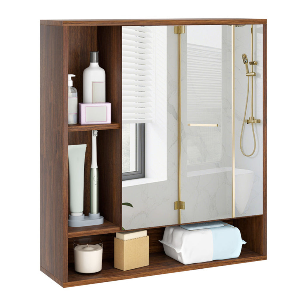 AEELLEEA Walnut 2-in-1 Mirrored Bathroom Wall Cabinet, Adjustable Shelf Medicine Cabinet with Open Storage, Shatterproof Mirror for Bathroom