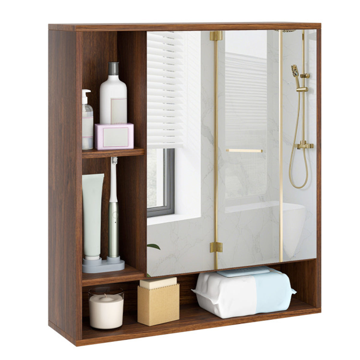 AEELLEEA Walnut 2-in-1 Mirrored Bathroom Wall Cabinet, Adjustable Shelf Medicine Cabinet with Open Storage, Shatterproof Mirror for Bathroom