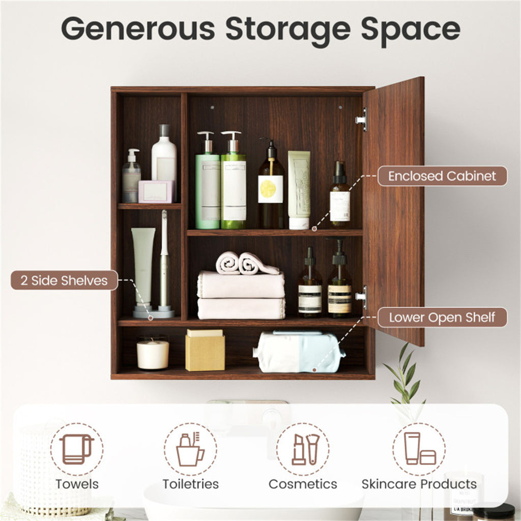 AEELLEEA Walnut 2-in-1 Mirrored Bathroom Wall Cabinet, Adjustable Shelf Medicine Cabinet with Open Storage, Shatterproof Mirror for Bathroom
