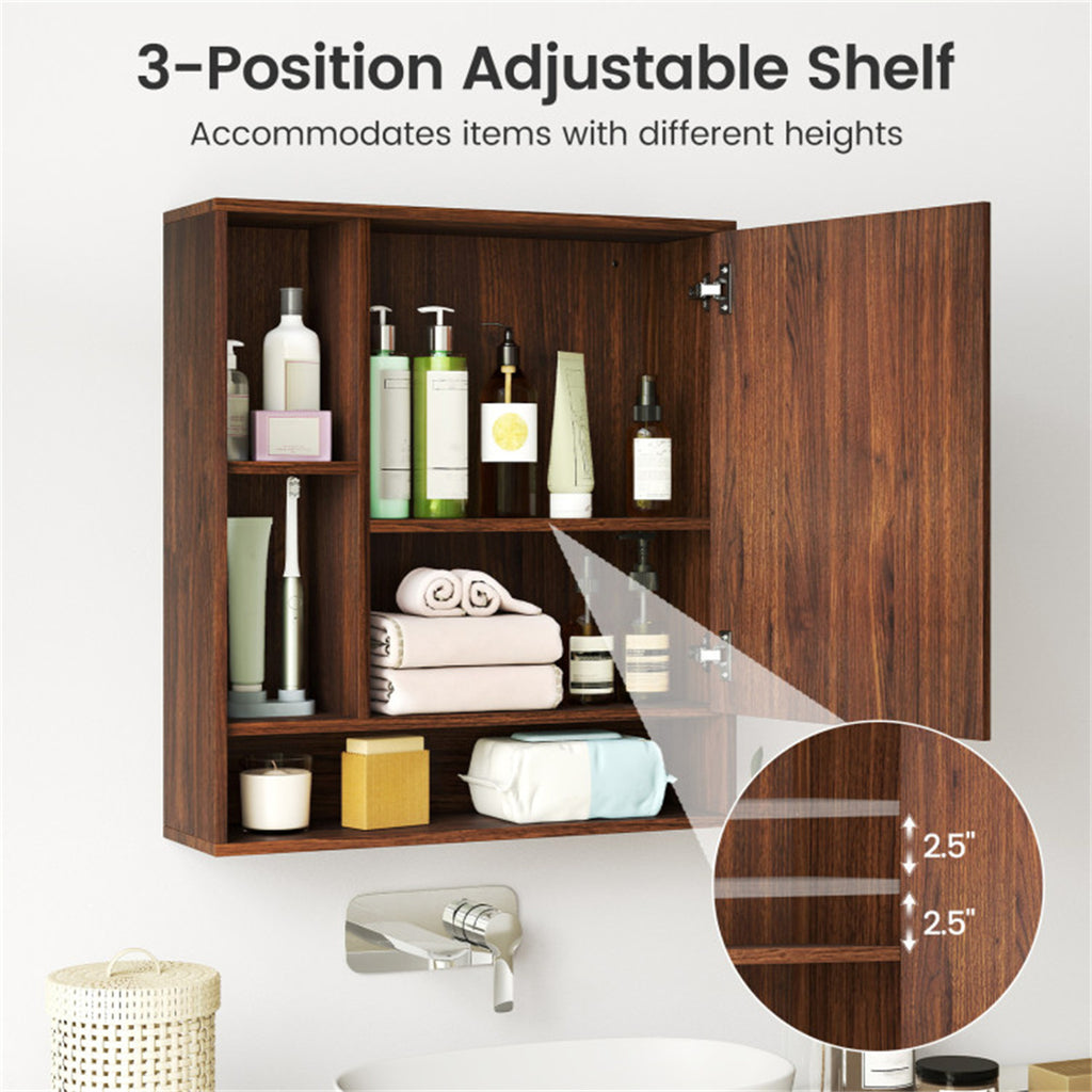 AEELLEEA Walnut 2-in-1 Mirrored Bathroom Wall Cabinet, Adjustable Shelf Medicine Cabinet with Open Storage, Shatterproof Mirror for Bathroom