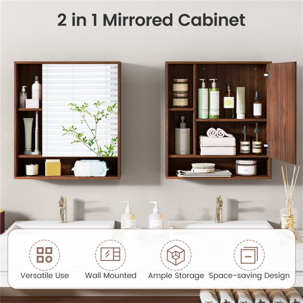 AEELLEEA Walnut 2-in-1 Mirrored Bathroom Wall Cabinet, Adjustable Shelf Medicine Cabinet with Open Storage, Shatterproof Mirror for Bathroom