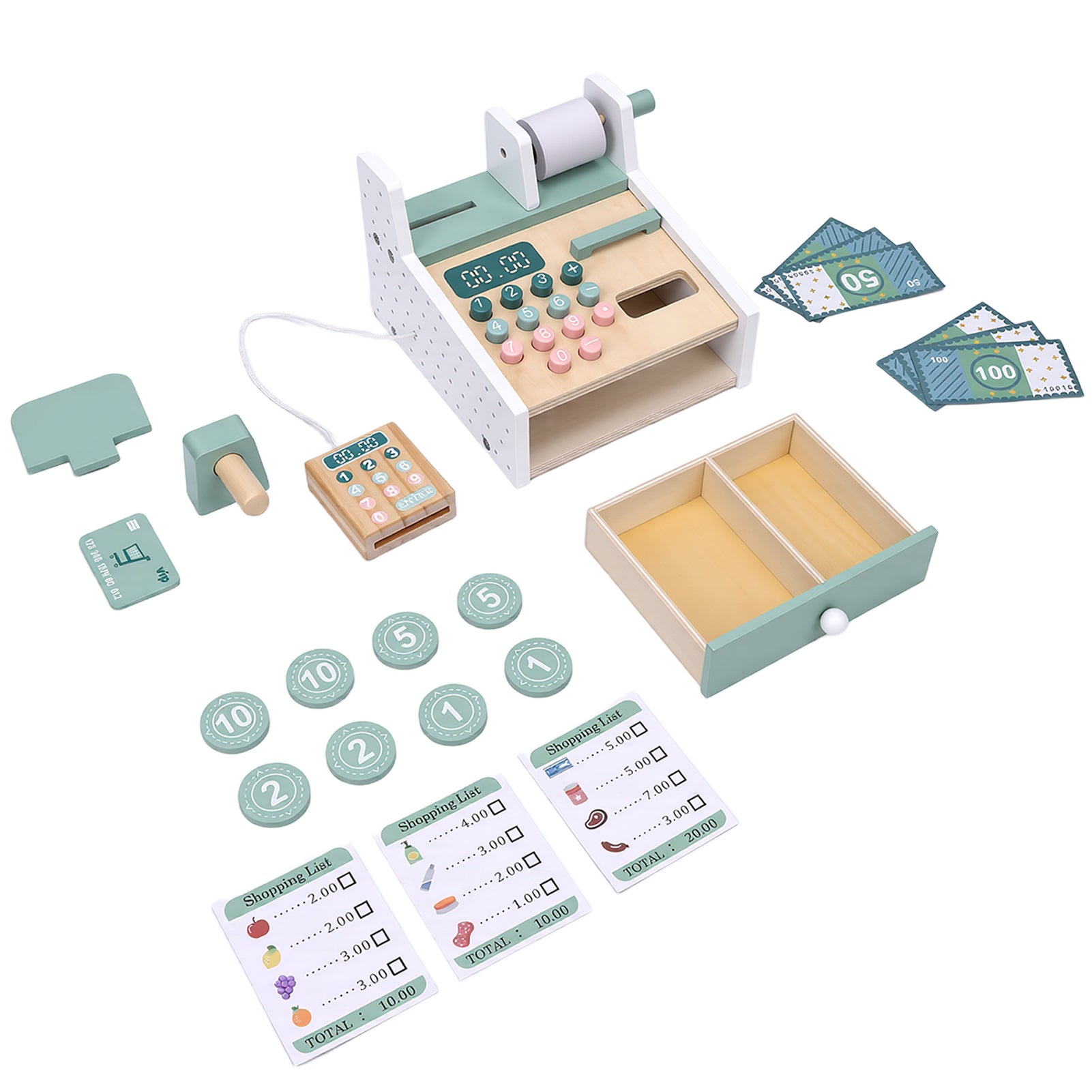 Wooden Cash Register Toy with Scanner Play Money Shopping Cards Educational Toy Cash Register Green