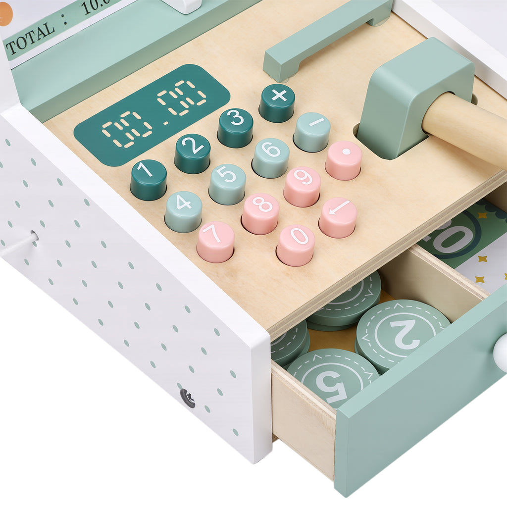 Wooden Cash Register Toy with Scanner Play Money Shopping Cards Educational Toy Cash Register Green