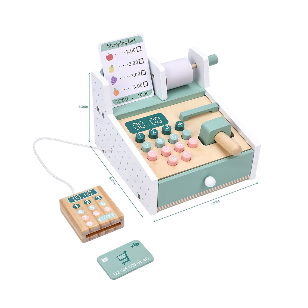 Wooden Cash Register Toy with Scanner Play Money Shopping Cards Educational Toy Cash Register Green