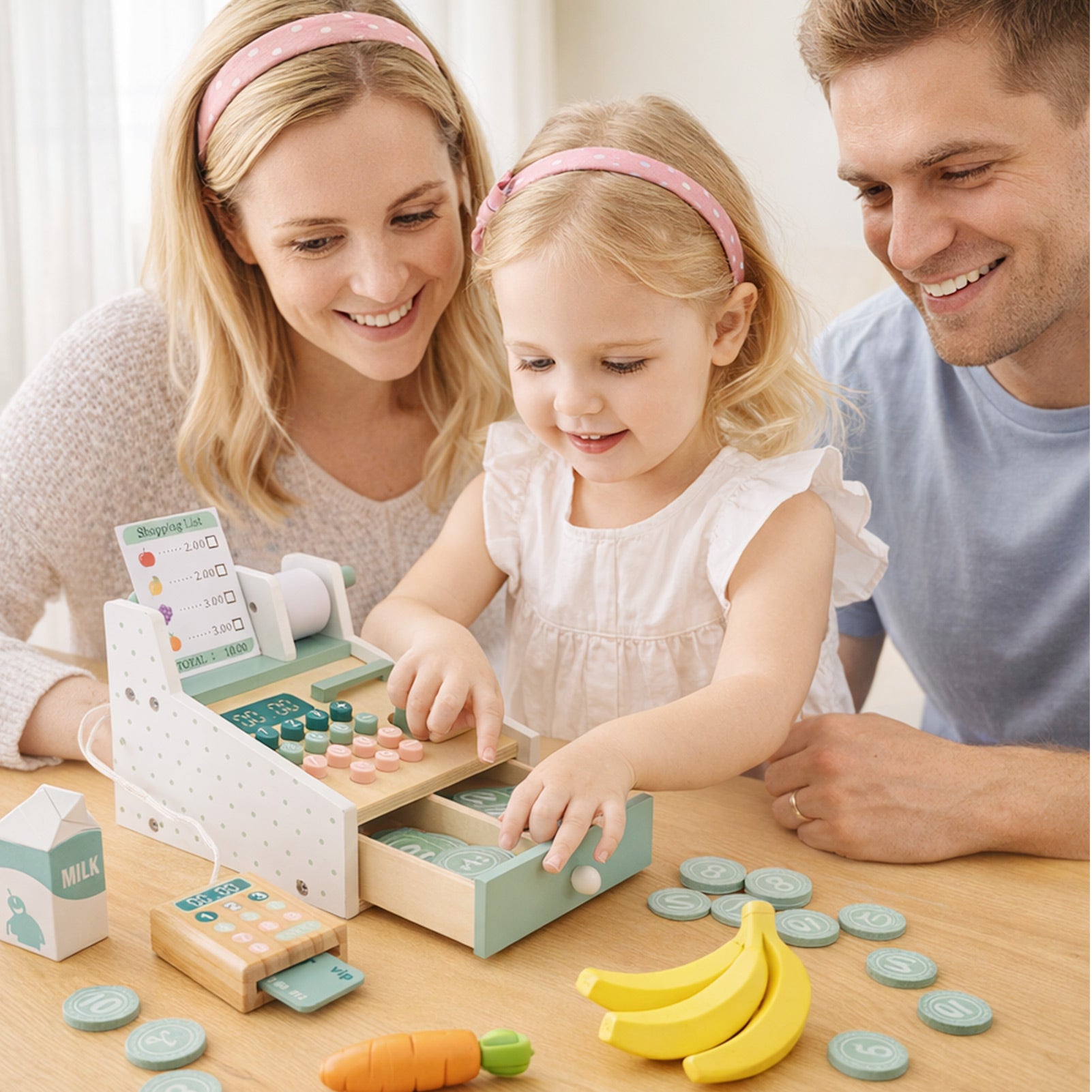 Wooden Cash Register Toy with Scanner Play Money Shopping Cards Educational Toy Cash Register Green