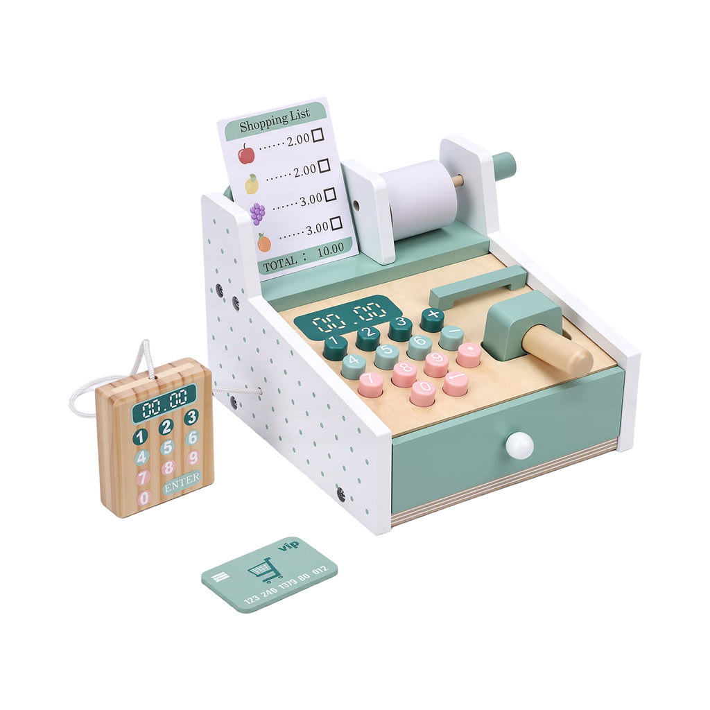 Wooden Cash Register Toy with Scanner Play Money Shopping Cards Educational Toy Cash Register Green