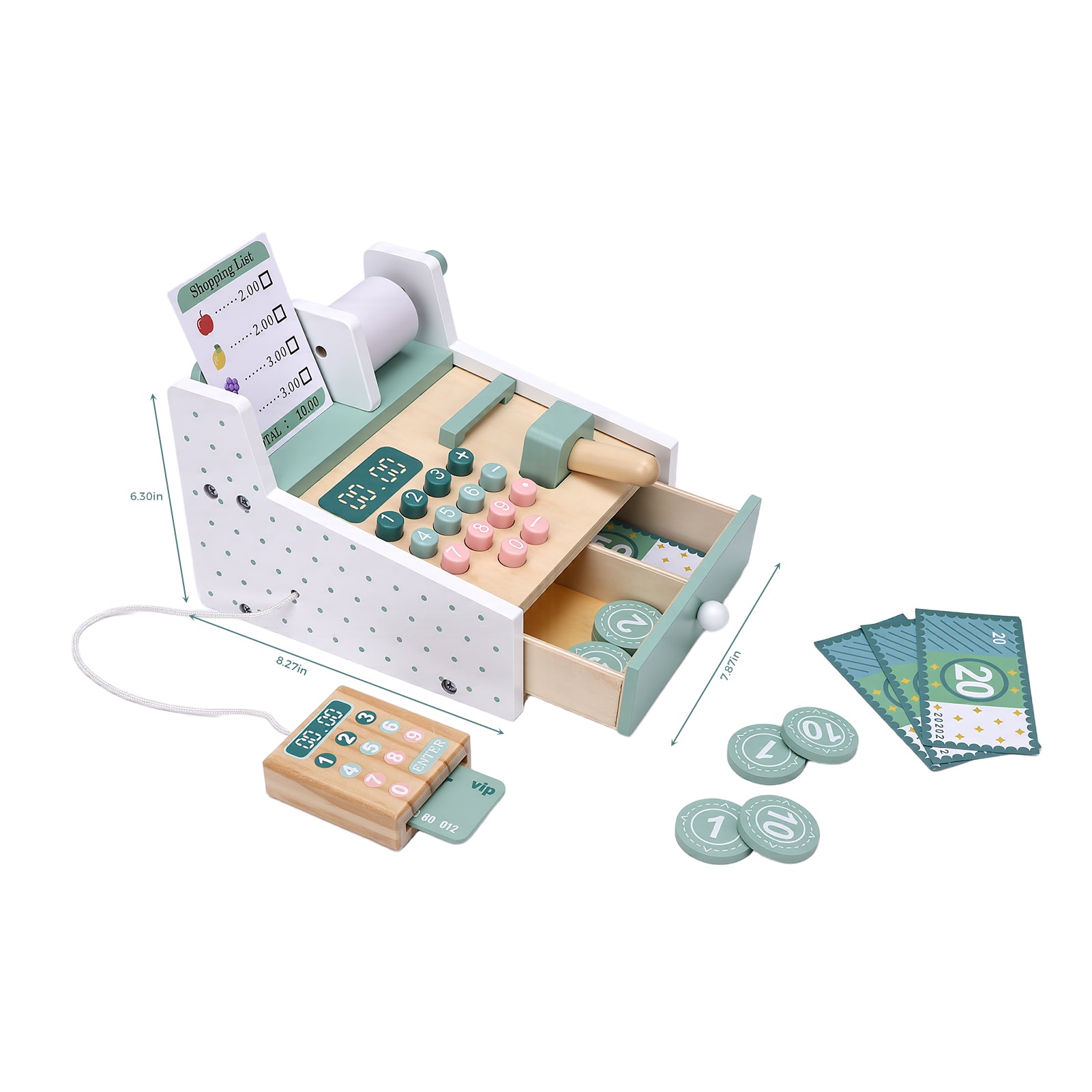 Wooden Cash Register Toy with Scanner Play Money Shopping Cards Educational Toy Cash Register Green