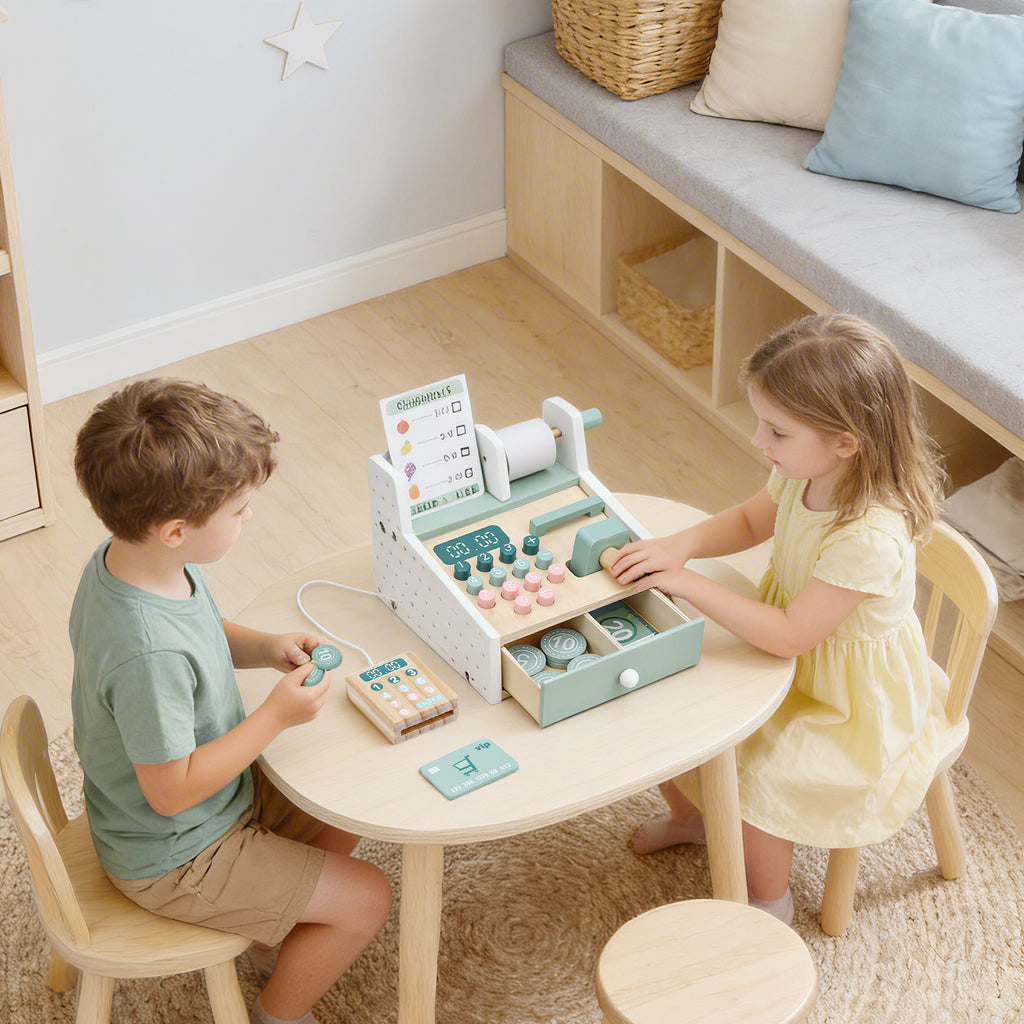 Wooden Cash Register Toy with Scanner Play Money Shopping Cards Educational Toy Cash Register Green
