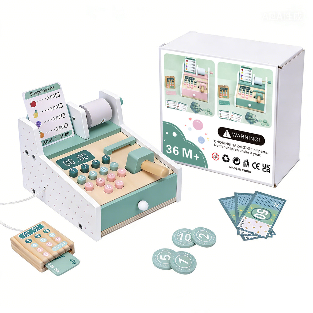 Wooden Cash Register Toy with Scanner Play Money Shopping Cards Educational Toy Cash Register Green