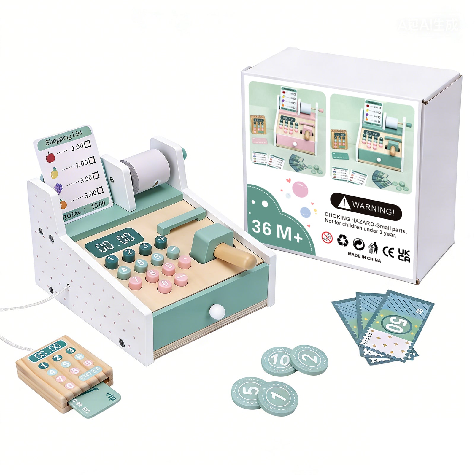 Wooden Cash Register Toy with Scanner Play Money Shopping Cards Educational Toy Cash Register Green