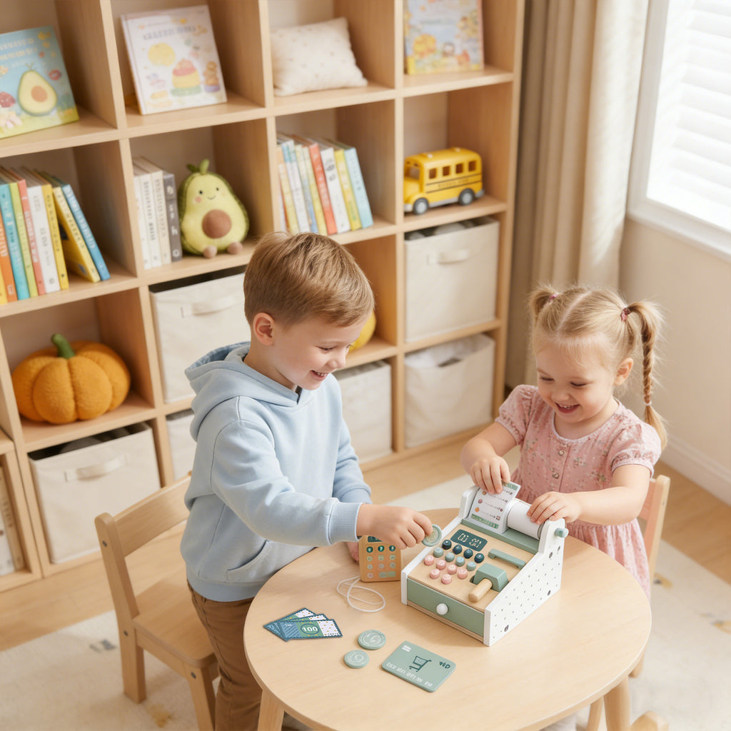 Wooden Cash Register Toy with Scanner Play Money Shopping Cards Educational Toy Cash Register Green
