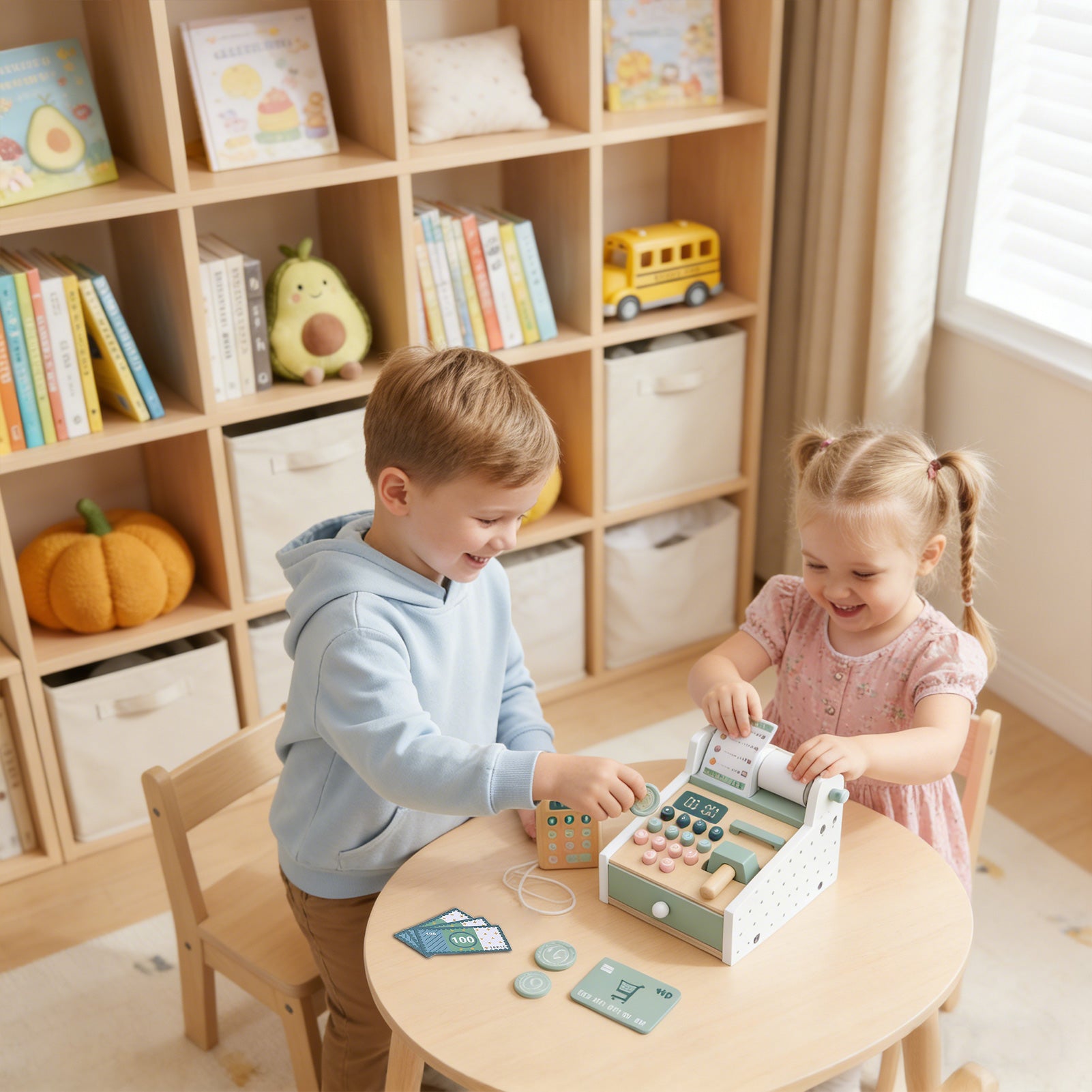 Wooden Cash Register Toy with Scanner Play Money Shopping Cards Educational Toy Cash Register Green