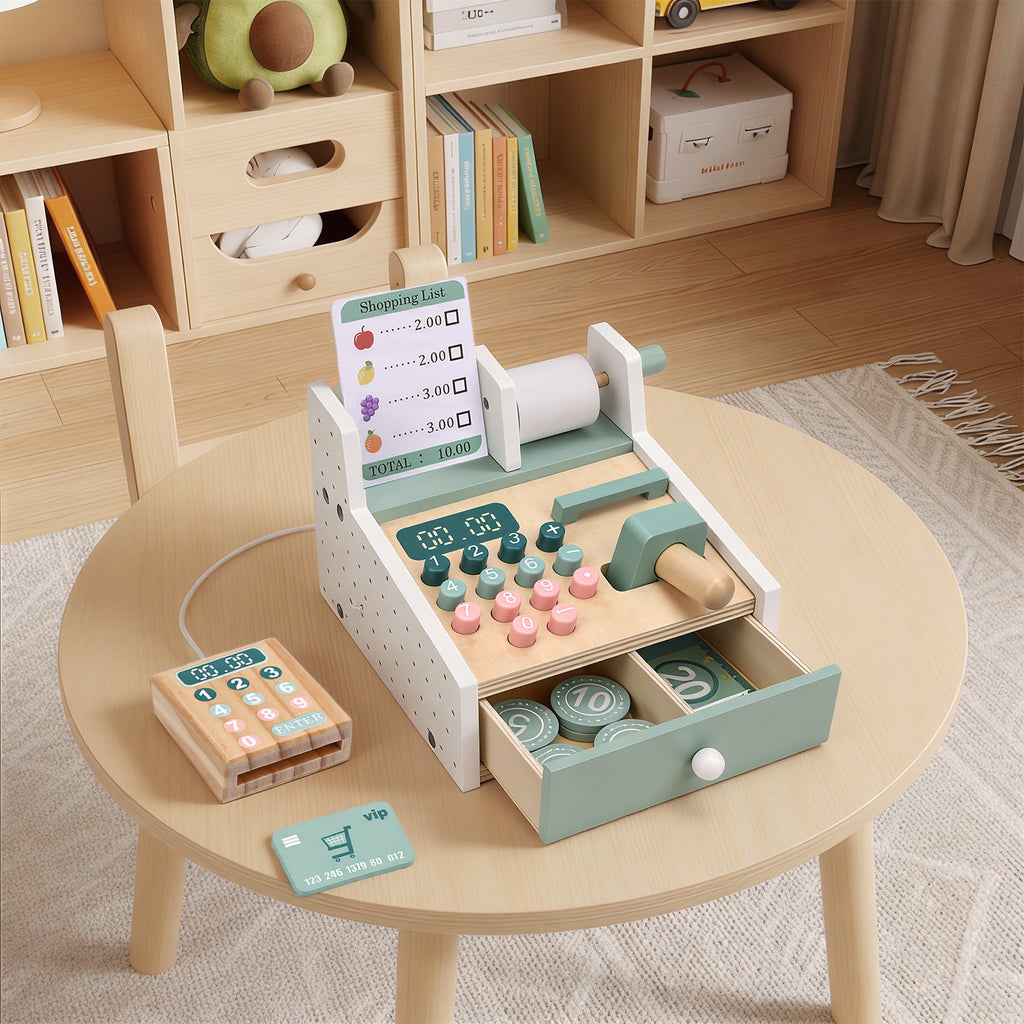 Wooden Cash Register Toy with Scanner Play Money Shopping Cards Educational Toy Cash Register Green
