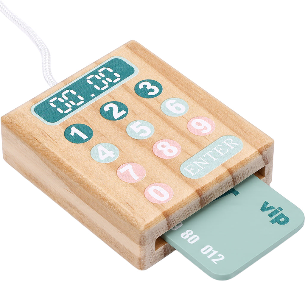 Wooden Cash Register Toy with Scanner Play Money Shopping Cards Educational Toy Cash Register Green