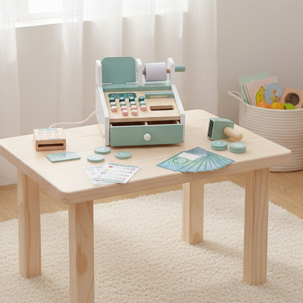 Wooden Cash Register Toy with Scanner Play Money Shopping Cards Educational Toy Cash Register Green