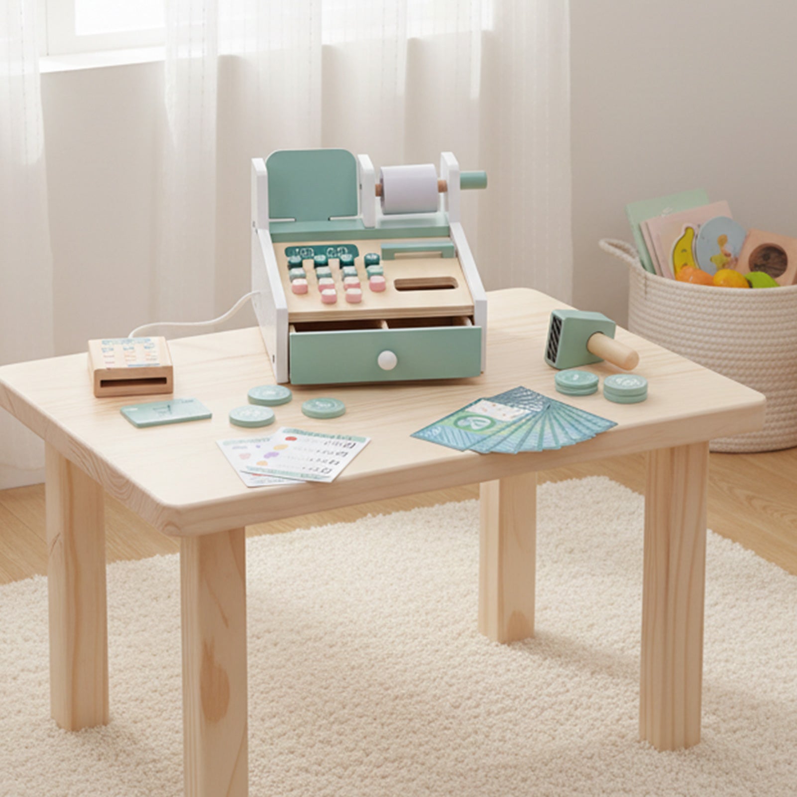 Wooden Cash Register Toy with Scanner Play Money Shopping Cards Educational Toy Cash Register Green