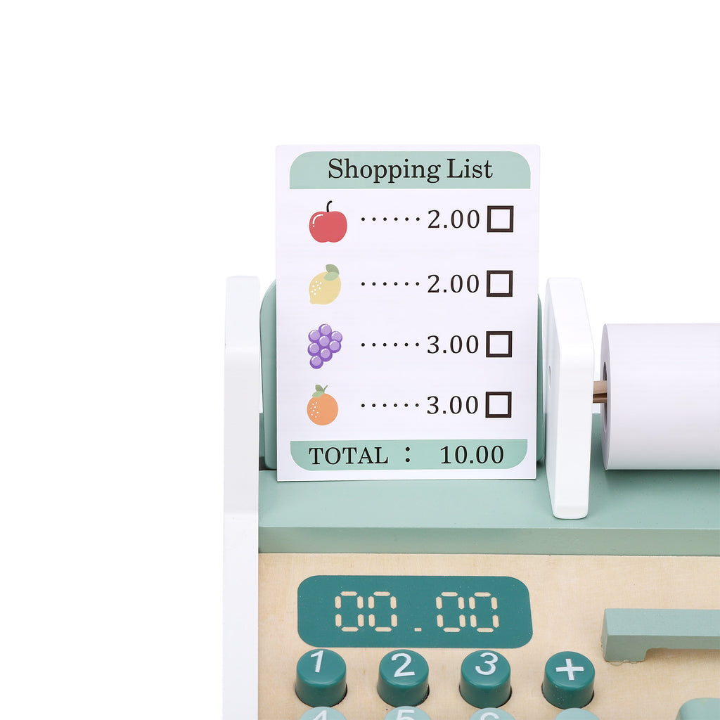 Wooden Cash Register Toy with Scanner Play Money Shopping Cards Educational Toy Cash Register Green