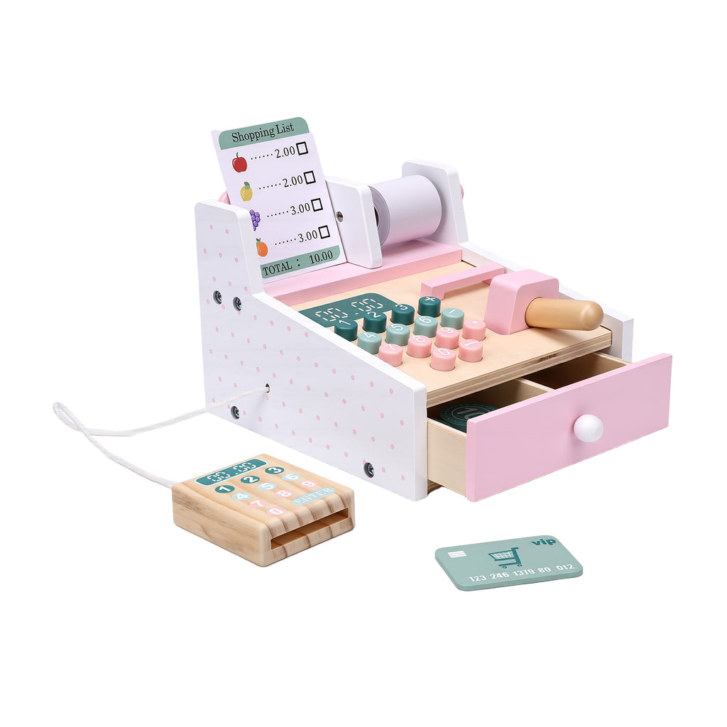 Wooden Cash Register Toy with Scanner Play Money Shopping Cards Educational Toy Cash Register Green