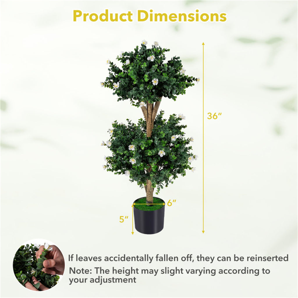 AEELLEEA 2 Pack 36in Artificial Double Ball Boxwood Topiary Trees, Faux Potted Plants with White Flowers for Indoor Outdoor Decor