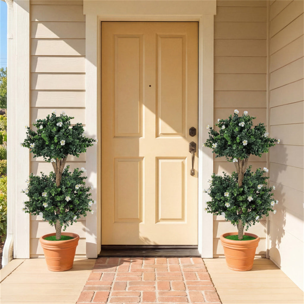 AEELLEEA 2 Pack 36in Artificial Double Ball Boxwood Topiary Trees, Faux Potted Plants with White Flowers for Indoor Outdoor Decor