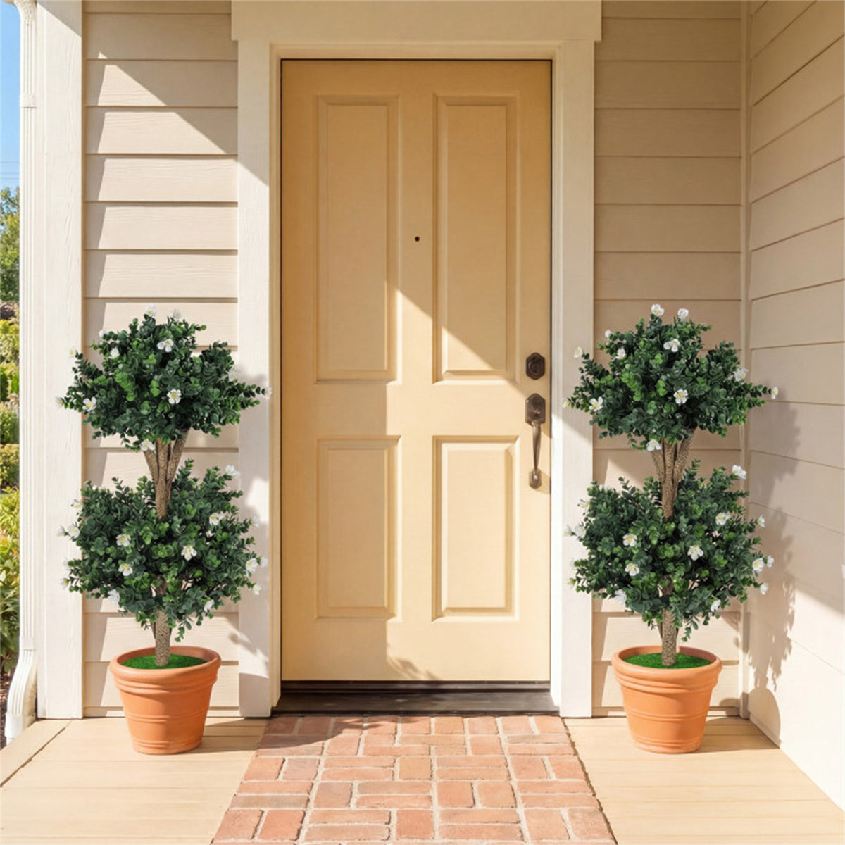 AEELLEEA 2 Pack 36in Artificial Double Ball Boxwood Topiary Trees, Faux Potted Plants with White Flowers for Indoor Outdoor Decor