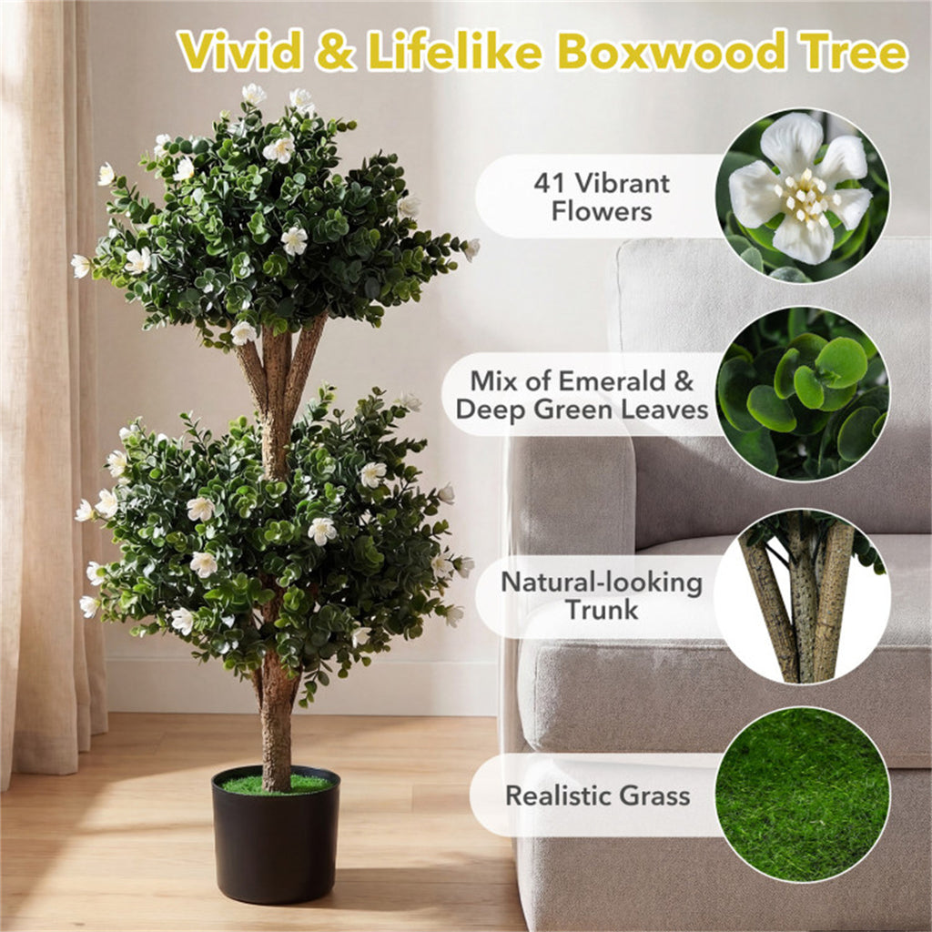 AEELLEEA 2 Pack 36in Artificial Double Ball Boxwood Topiary Trees, Faux Potted Plants with White Flowers for Indoor Outdoor Decor