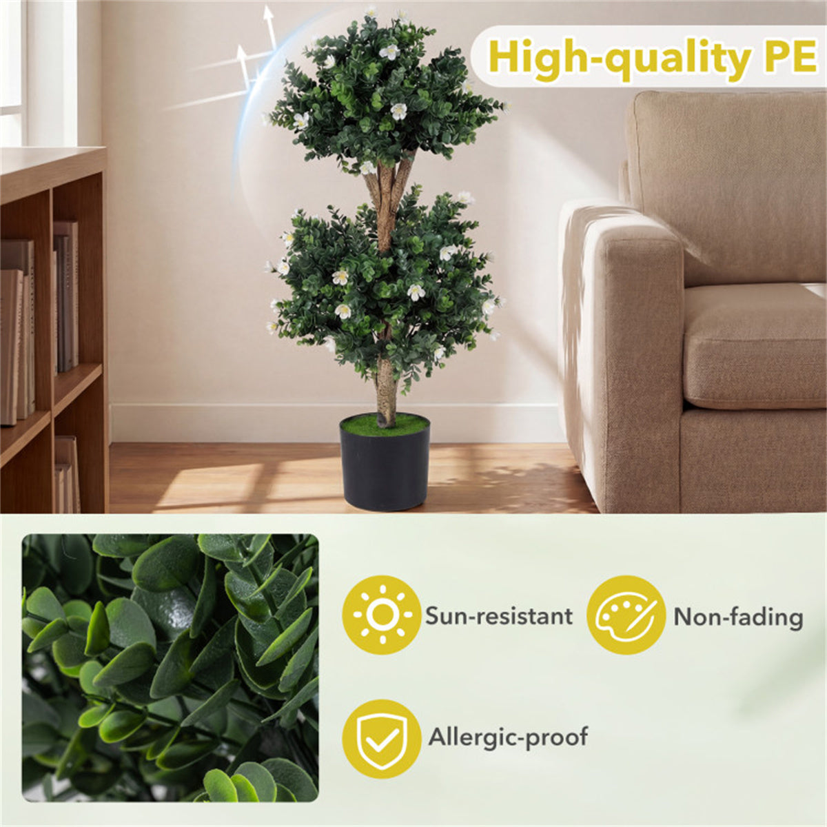 AEELLEEA 2 Pack 36in Artificial Double Ball Boxwood Topiary Trees, Faux Potted Plants with White Flowers for Indoor Outdoor Decor