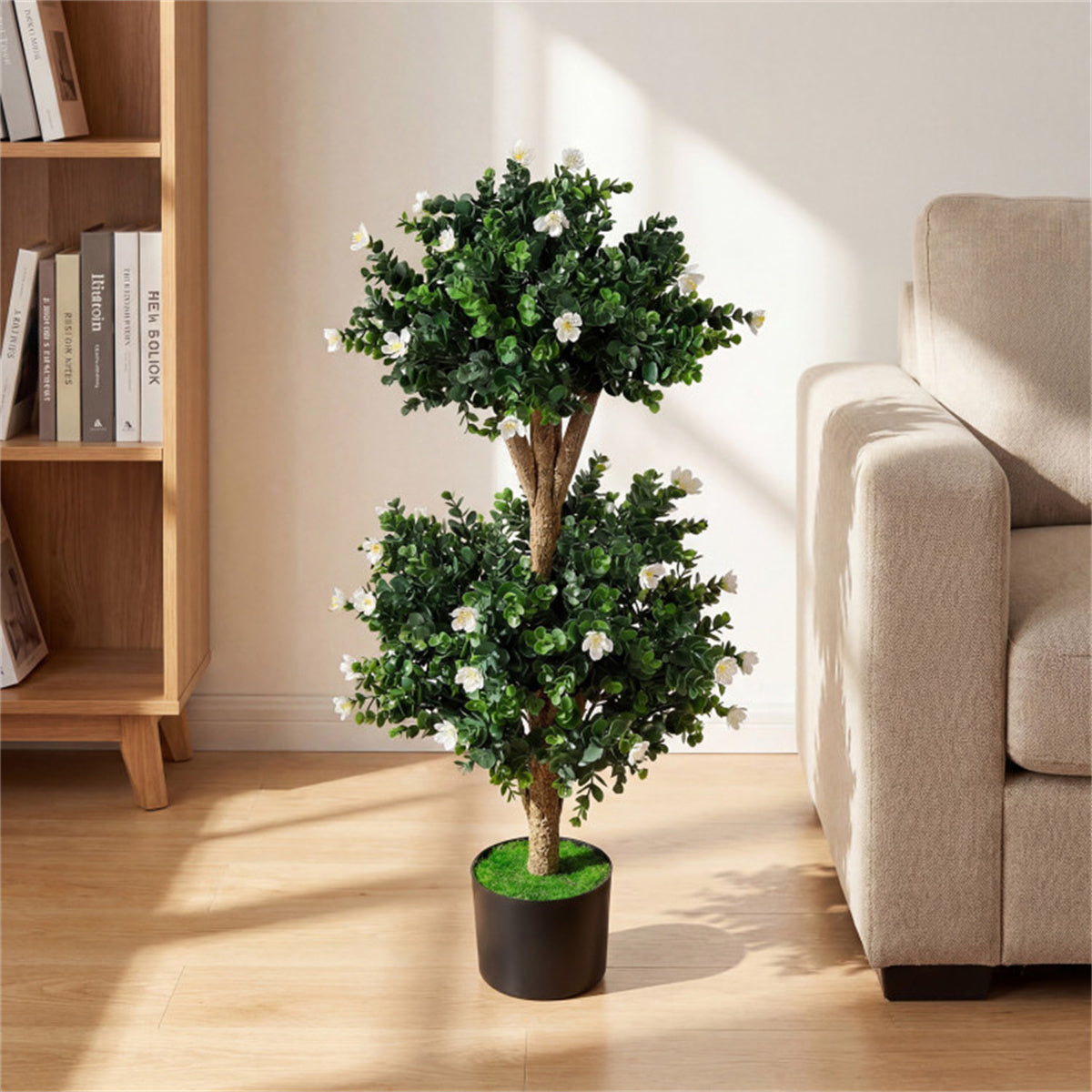 AEELLEEA 2 Pack 36in Artificial Double Ball Boxwood Topiary Trees, Faux Potted Plants with White Flowers for Indoor Outdoor Decor
