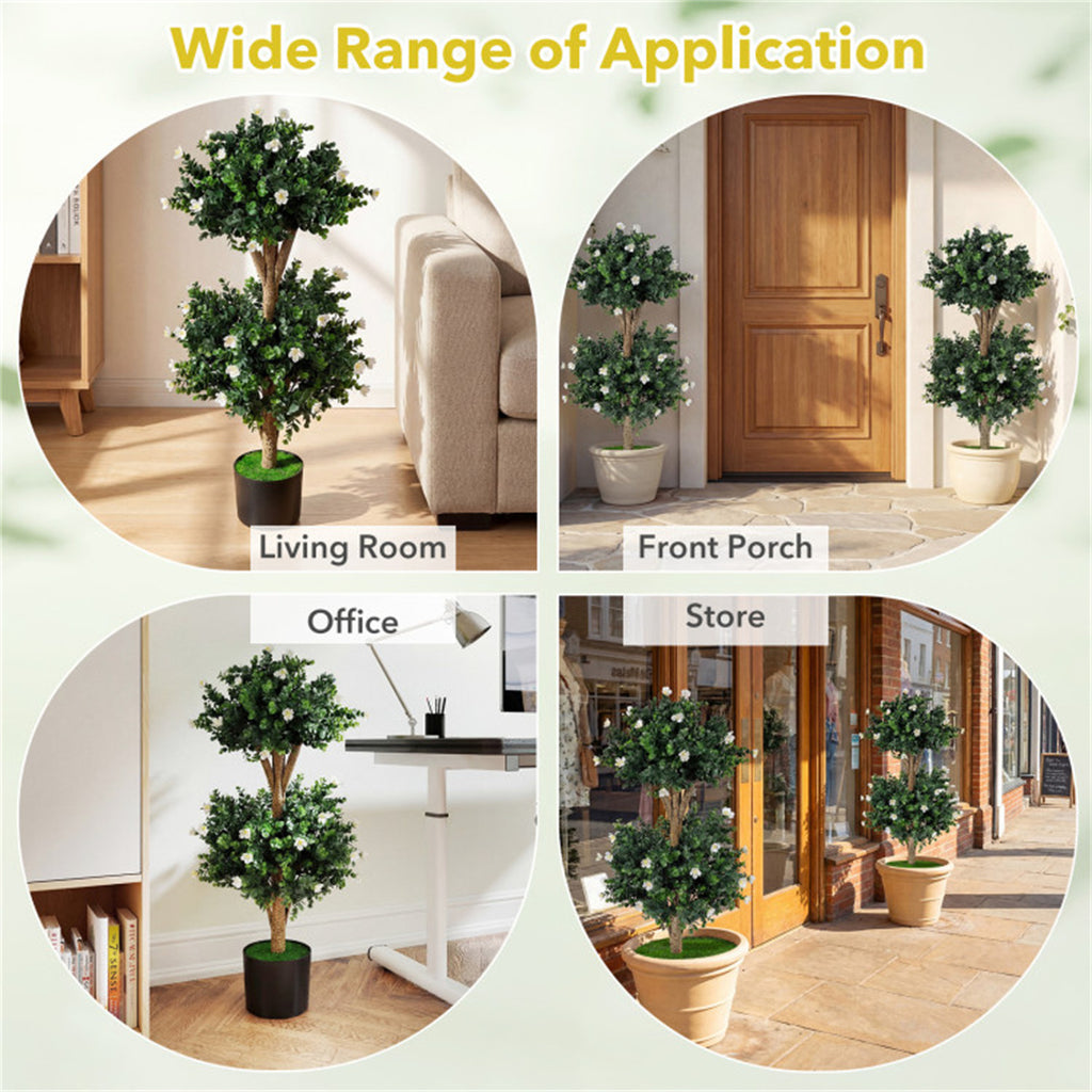 AEELLEEA 2 Pack 36in Artificial Double Ball Boxwood Topiary Trees, Faux Potted Plants with White Flowers for Indoor Outdoor Decor