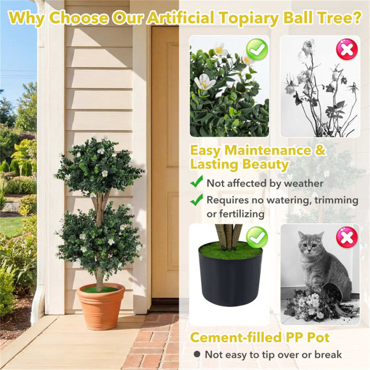 AEELLEEA 2 Pack 36in Artificial Double Ball Boxwood Topiary Trees, Faux Potted Plants with White Flowers for Indoor Outdoor Decor