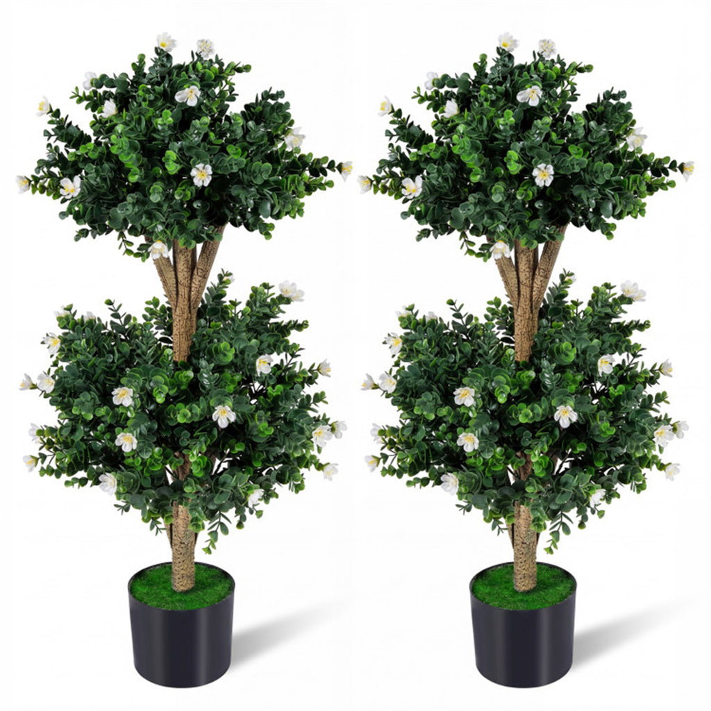 AEELLEEA 2 Pack 36in Artificial Double Ball Boxwood Topiary Trees, Faux Potted Plants with White Flowers for Indoor Outdoor Decor