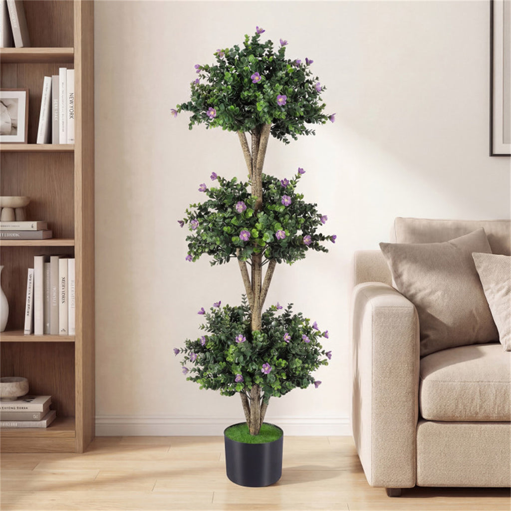 AEELLEEA 51in Artificial Triple Ball Boxwood Topiary Tree, Faux Potted Plant with Purple Flowers for Indoor Outdoor Decor