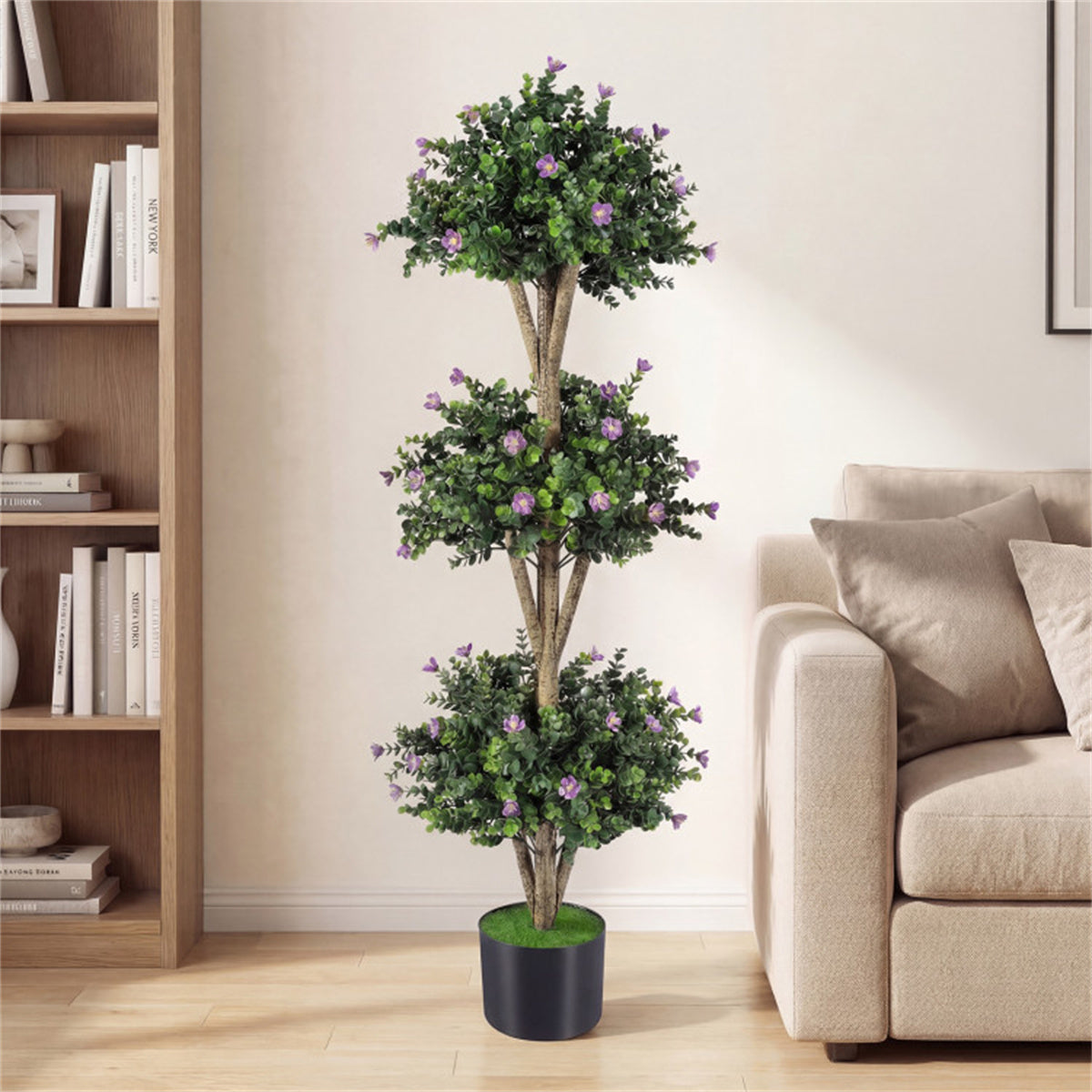AEELLEEA 51in Artificial Triple Ball Boxwood Topiary Tree, Faux Potted Plant with Purple Flowers for Indoor Outdoor Decor