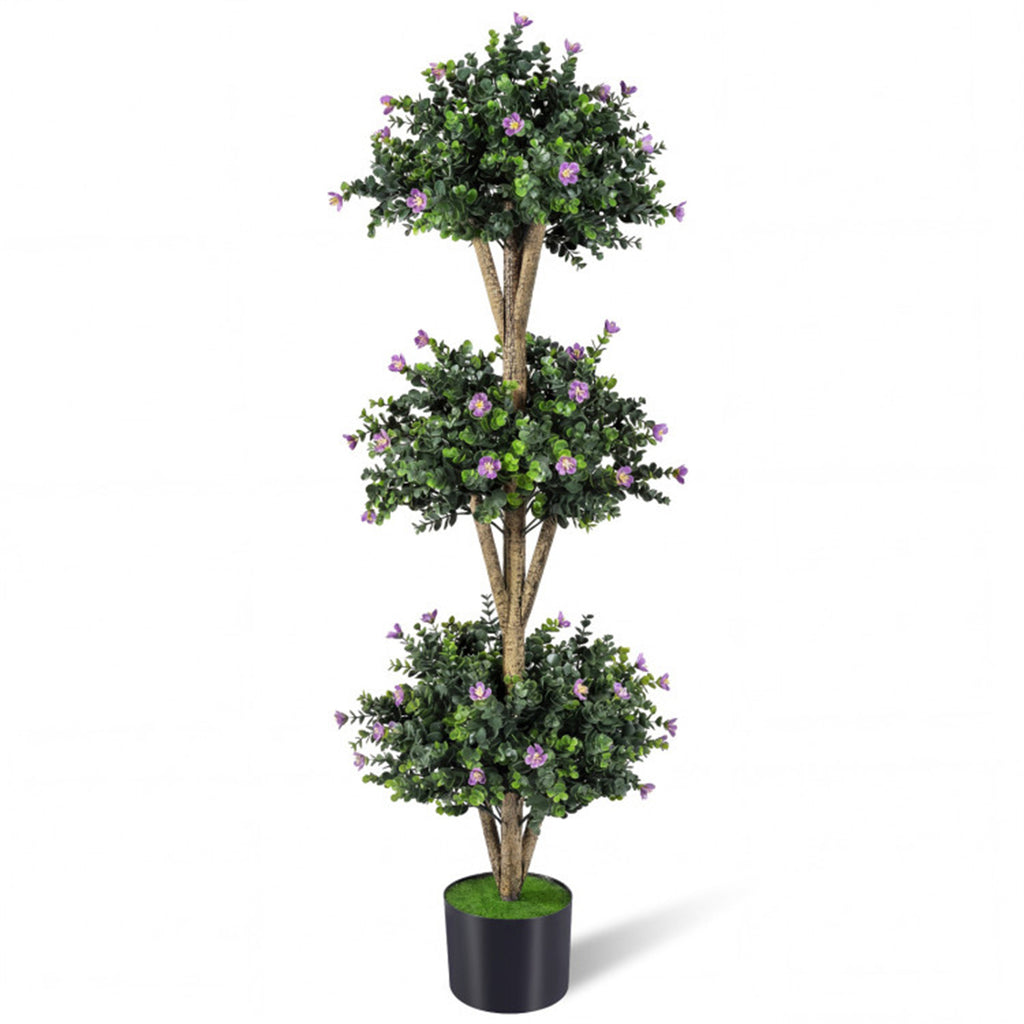 AEELLEEA 51in Artificial Triple Ball Boxwood Topiary Tree, Faux Potted Plant with Purple Flowers for Indoor Outdoor Decor