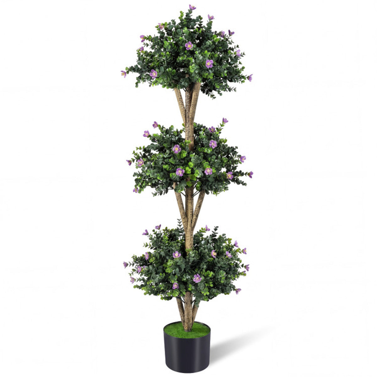 AEELLEEA 51in Artificial Triple Ball Boxwood Topiary Tree, Faux Potted Plant with Purple Flowers for Indoor Outdoor Decor