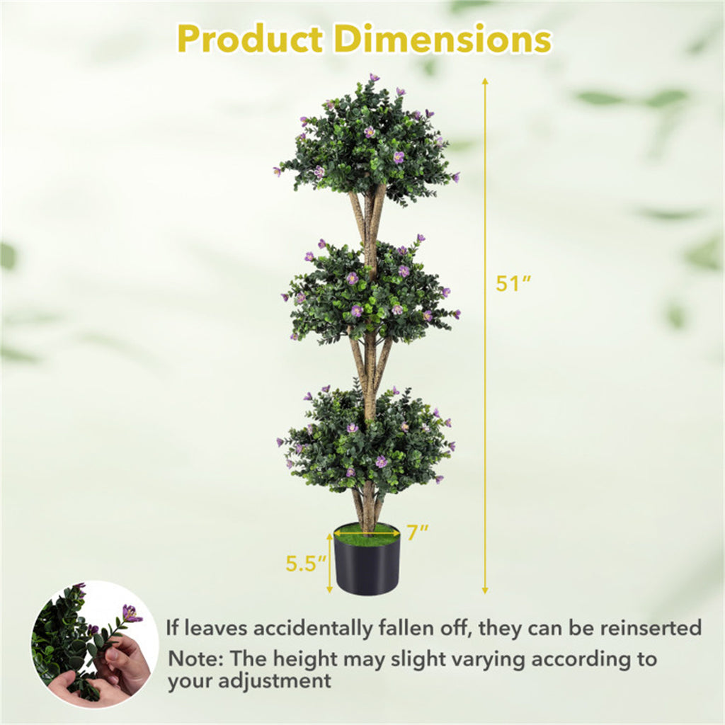 AEELLEEA 51in Artificial Triple Ball Boxwood Topiary Tree, Faux Potted Plant with Purple Flowers for Indoor Outdoor Decor