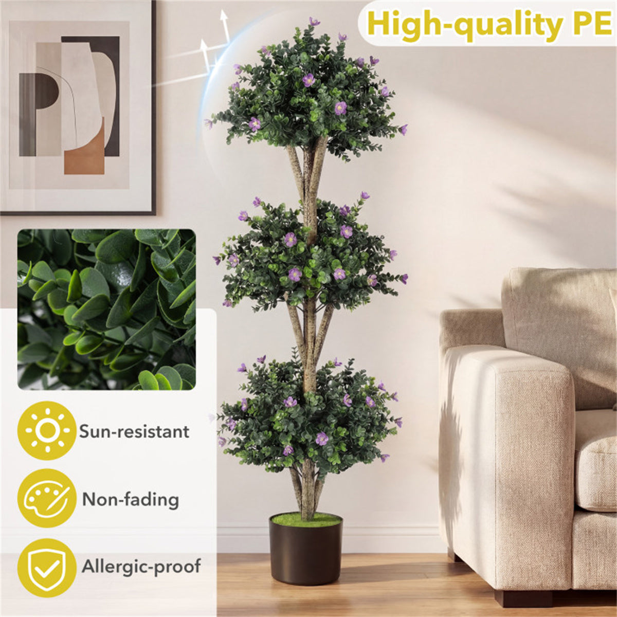 AEELLEEA 51in Artificial Triple Ball Boxwood Topiary Tree, Faux Potted Plant with Purple Flowers for Indoor Outdoor Decor