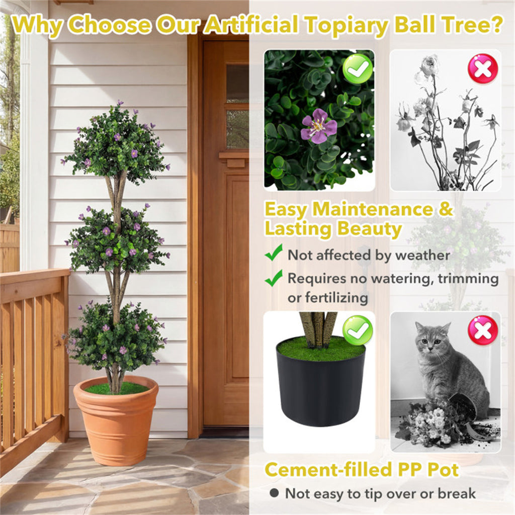 AEELLEEA 51in Artificial Triple Ball Boxwood Topiary Tree, Faux Potted Plant with Purple Flowers for Indoor Outdoor Decor