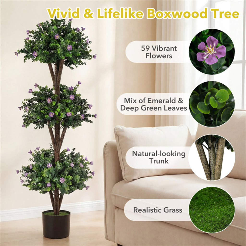 AEELLEEA 51in Artificial Triple Ball Boxwood Topiary Tree, Faux Potted Plant with Purple Flowers for Indoor Outdoor Decor