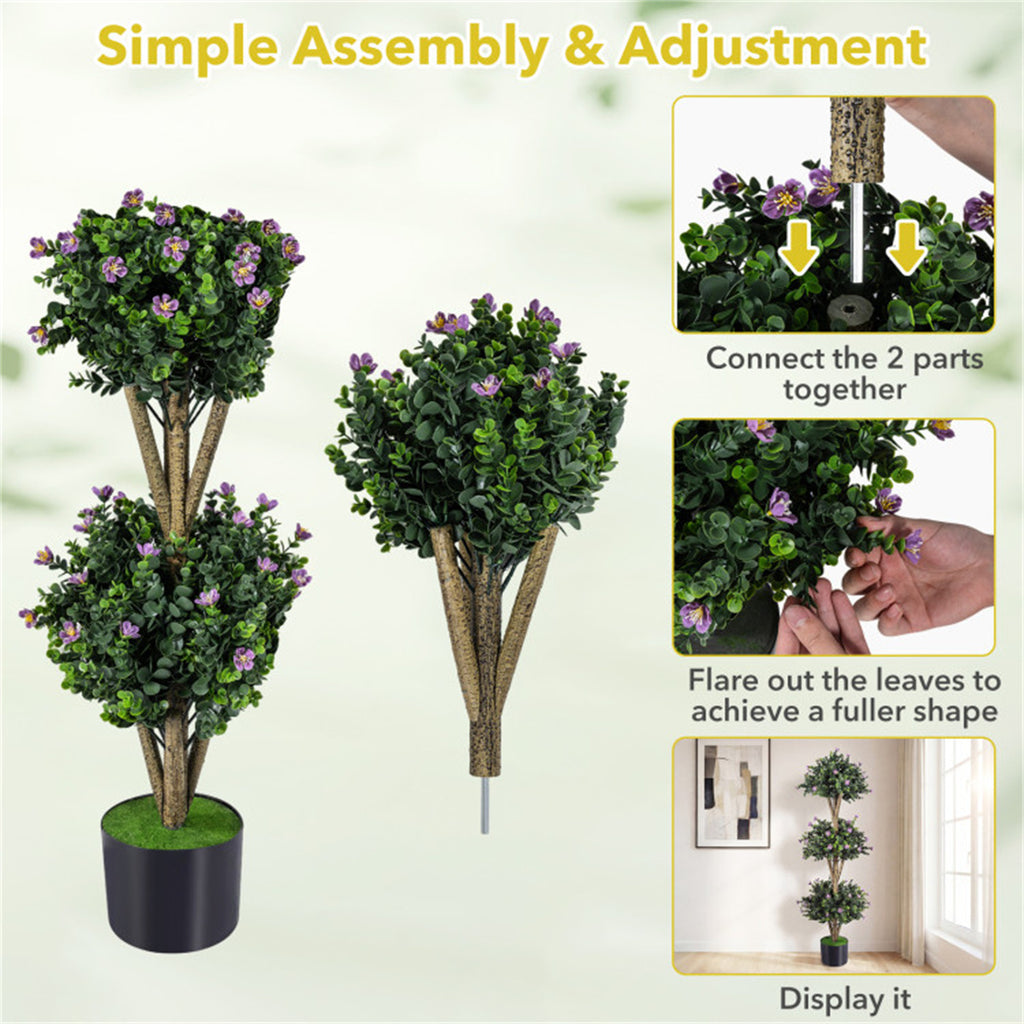AEELLEEA 51in Artificial Triple Ball Boxwood Topiary Tree, Faux Potted Plant with Purple Flowers for Indoor Outdoor Decor
