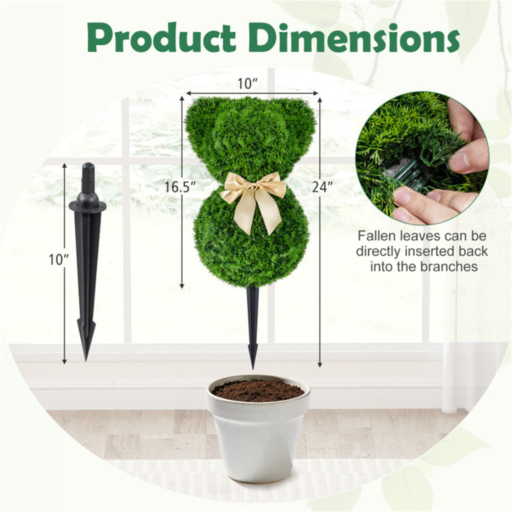 AEELLEEA 24in 2 Pack Artificial Bear Topiary Trees, Faux Greenery with Bow, Outdoor Yard & Porch Decor