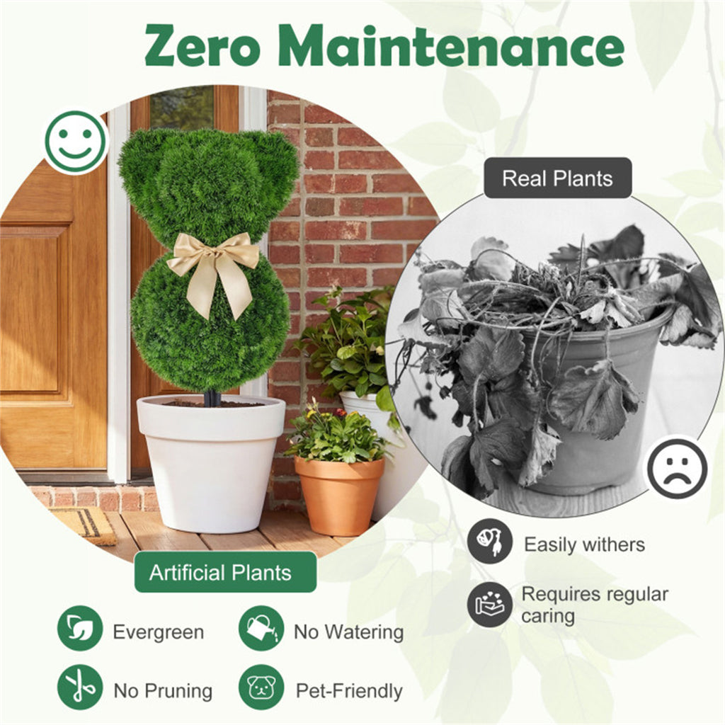 AEELLEEA 24in 2 Pack Artificial Bear Topiary Trees, Faux Greenery with Bow, Outdoor Yard & Porch Decor
