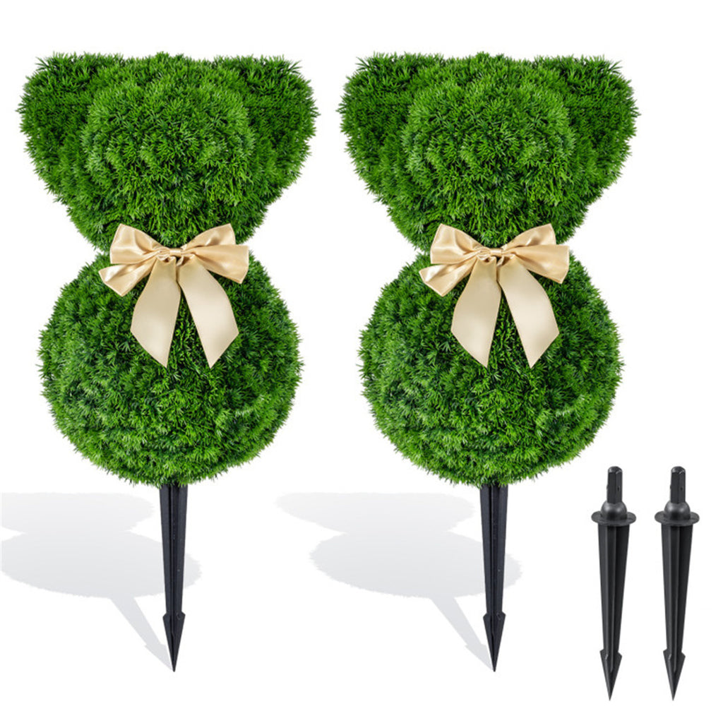 AEELLEEA 24in 2 Pack Artificial Bear Topiary Trees, Faux Greenery with Bow, Outdoor Yard & Porch Decor